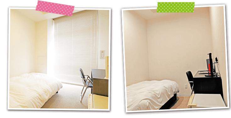 窓のある部屋（左）とない部屋（右）の様子です。